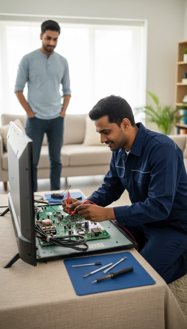 Technician repairing a TV main board at a customer's home in Bangalore